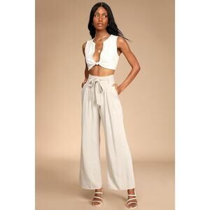 Lulus Trend Alert Beige Belted High-waisted Wide-leg Pants - Size XS